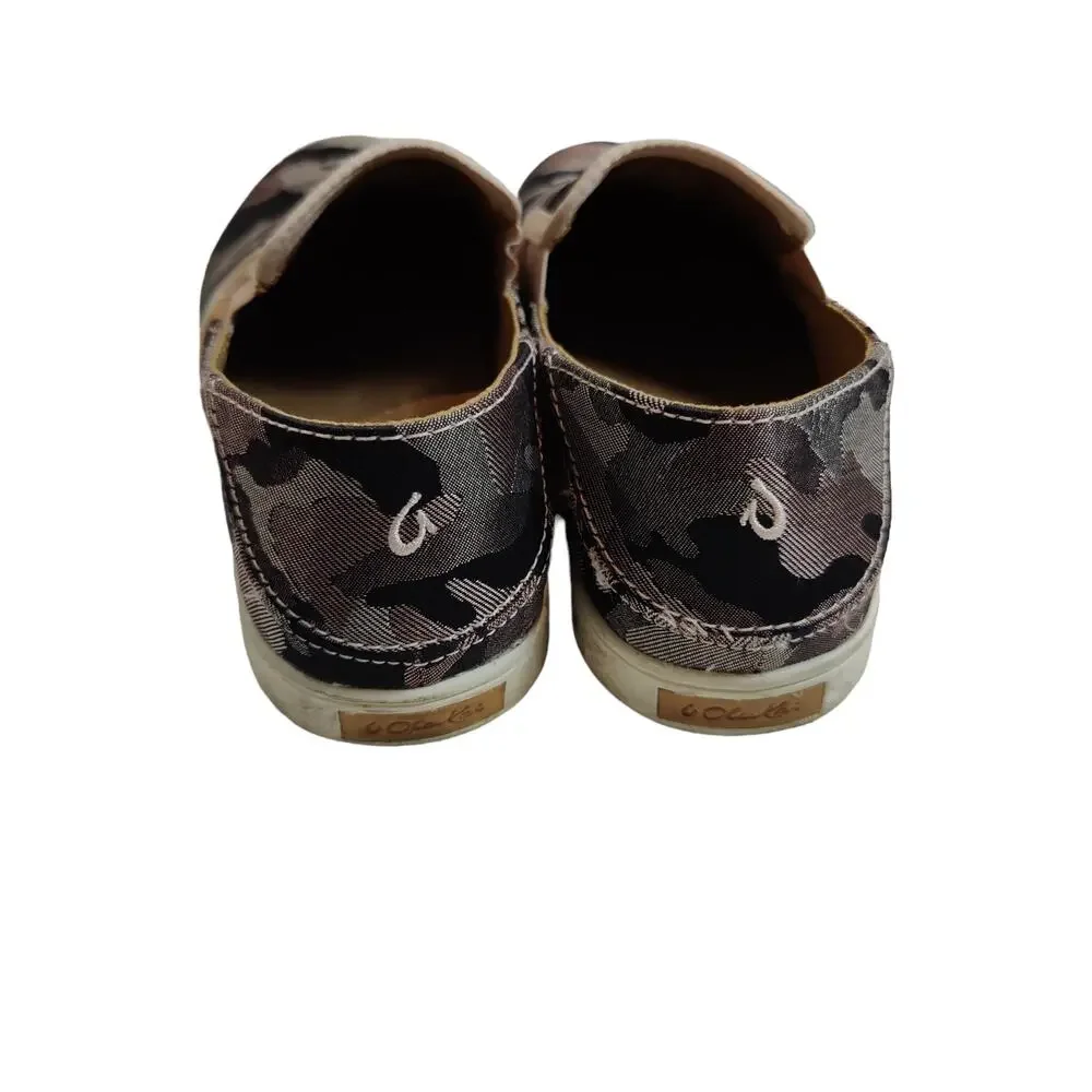 Olukai Women's Sz 7.5 Pehuea Pa'i Grey Camo Slip On Sneakers Fold Down Heel